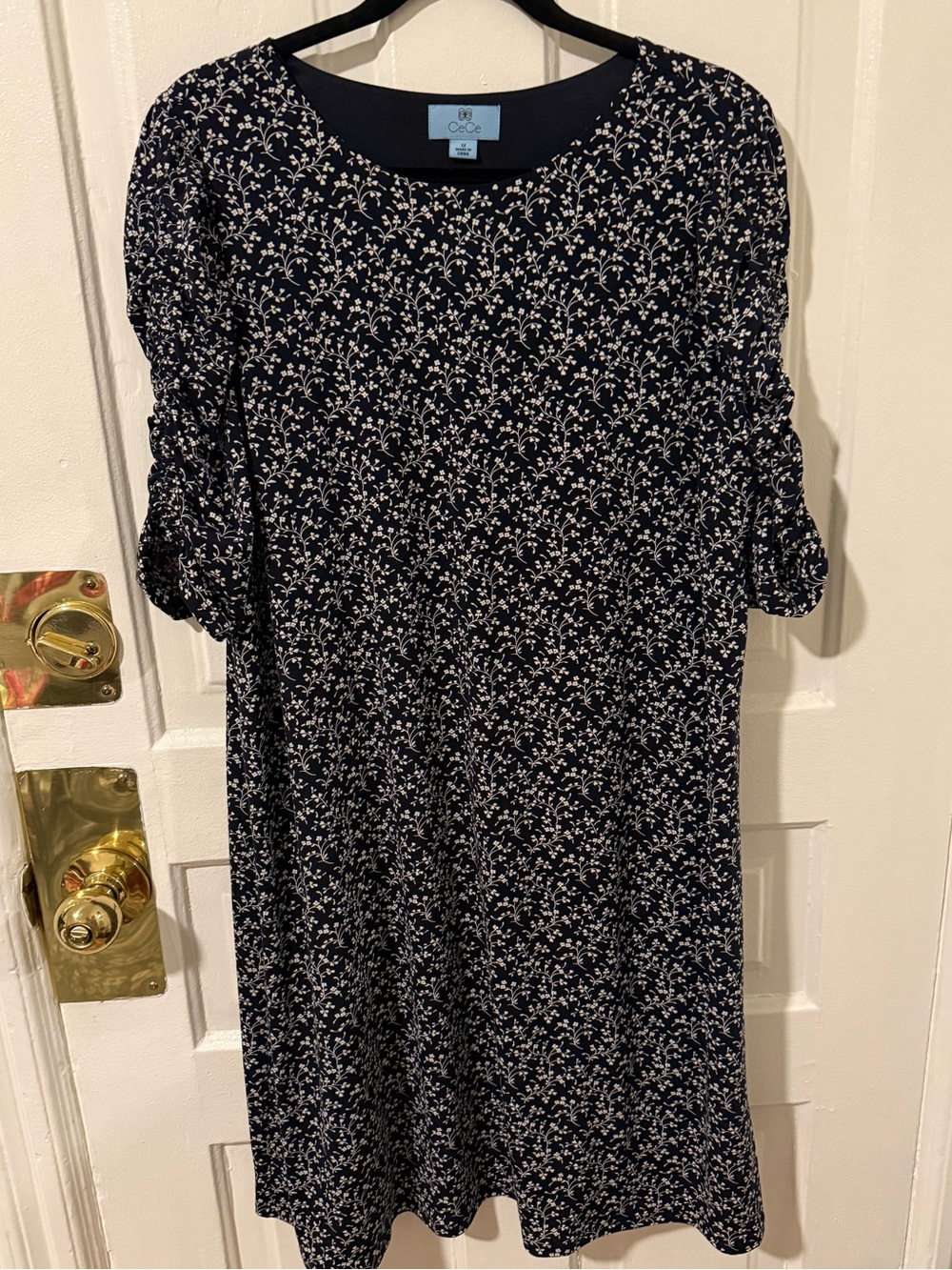 CeCe Navy Floral Midi Dress with White Print
